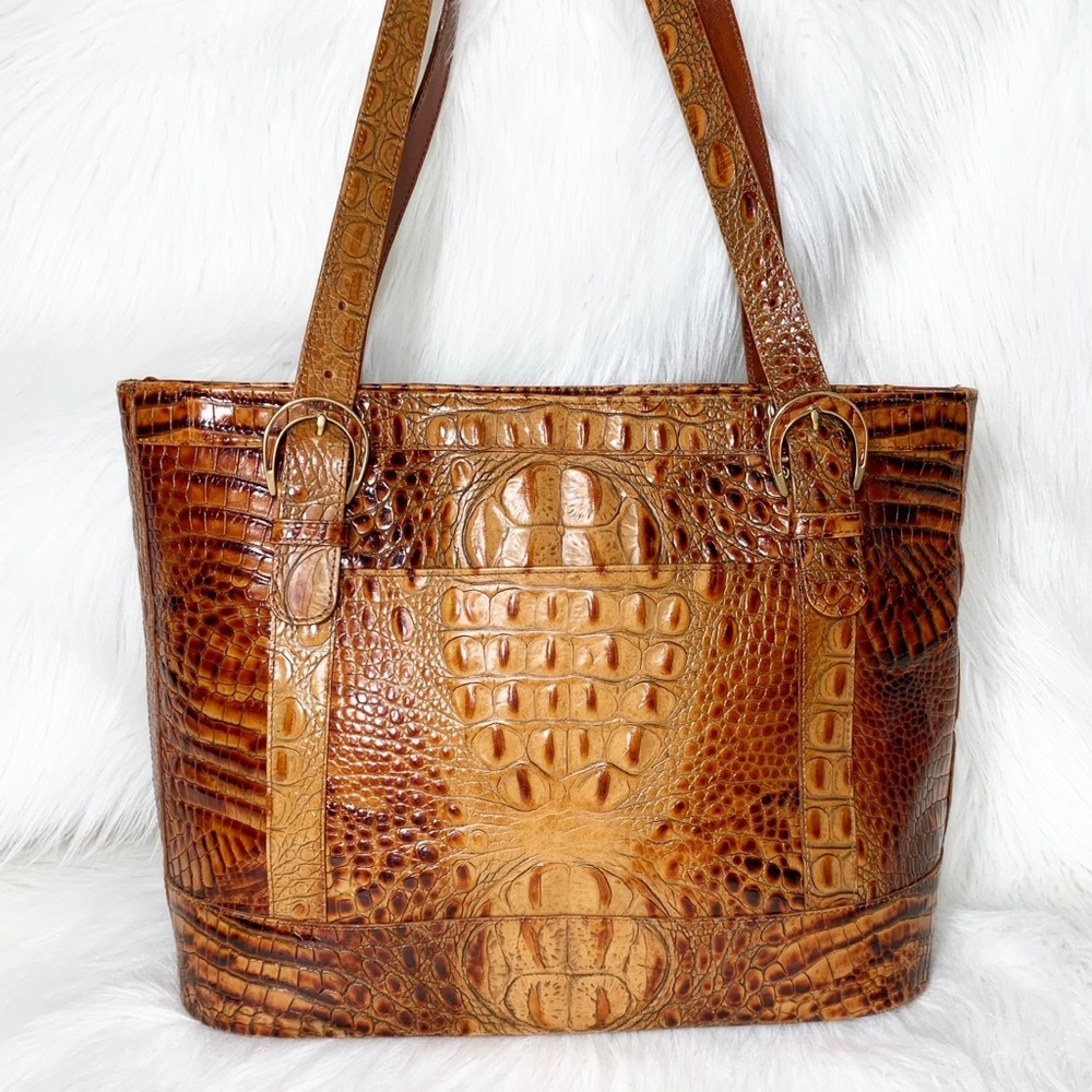 SOLD-Brahmin Vintage Toasted Almond Croc Embossed Ombre Leather Tote - Picture 4 of 12